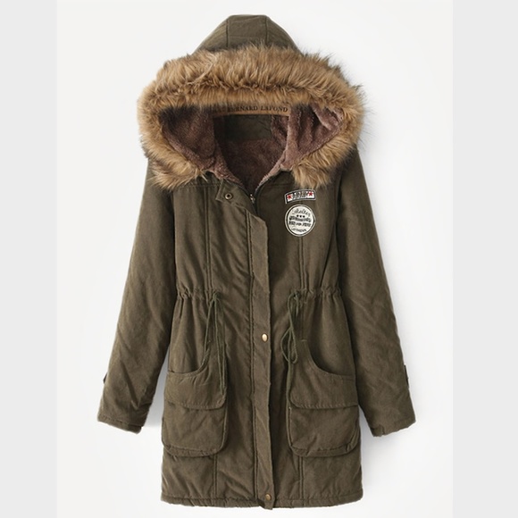 Hooded Faux Fur Drawstring Green Parka Jacket - Picture 3 of 12